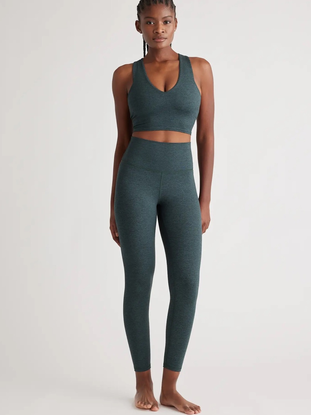 High-Waist Seamless Leggings & V-Neck Crop Top Set - Deep Teal